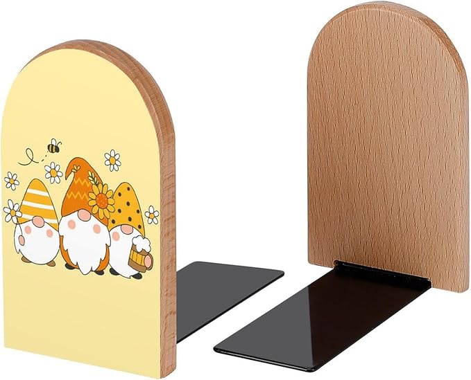 Cute Sunflower Bee Gnomes Book Ends Decorative Wood Bookends for Shelves Kids Room Desk Home Office Book Stoppers for Magazines,Books, DVDs, 1 Pair/2 Pieces(5x3.1 in)