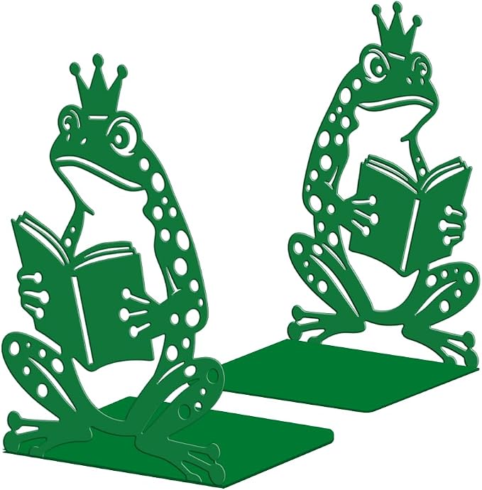 Peacoblue Metal Bookends for Shelves, Modern Decorative Heavy Duty Study Book Ends Stoppers for Office, Desk, Shelf, Room 5.3"x4.3"x7.9" Cast Iron Simple Tall Bookends 1 Pair (Reading Green Frog)
