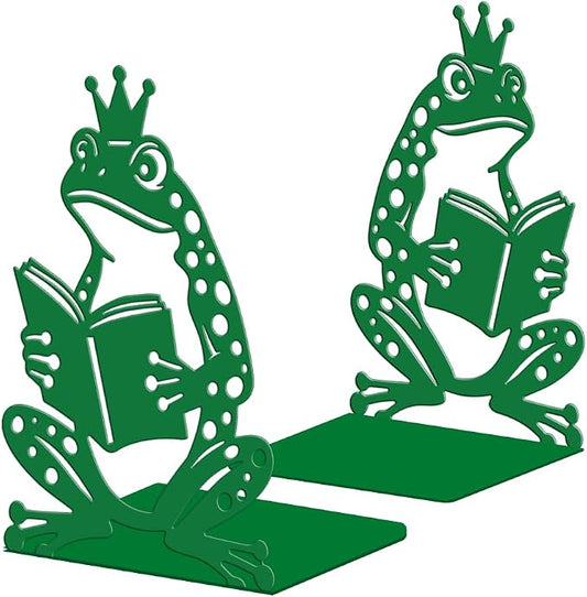 Peacoblue Metal Bookends for Shelves, Modern Decorative Heavy Duty Study Book Ends Stoppers for Office, Desk, Shelf, Room 5.3"x4.3"x7.9" Cast Iron Simple Tall Bookends 1 Pair (Reading Green Frog)