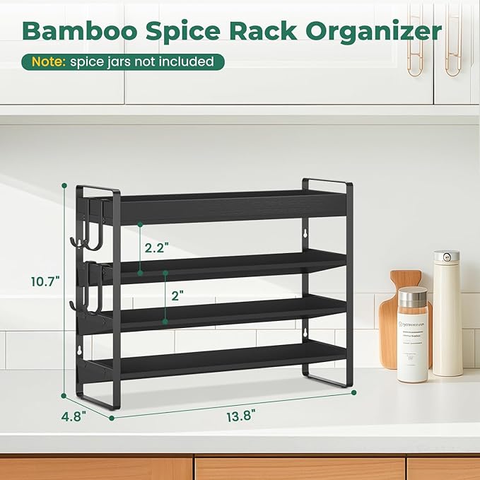 EsLuker.ly Spice Seasoning Rack Organizer Kitchen Countertop, 4 Tier Bamboo Spice Shelf Holder Storage with 4 Hooks, Wall Mounted Freestanding Stand for Pantry, Black (Jars Not Included)