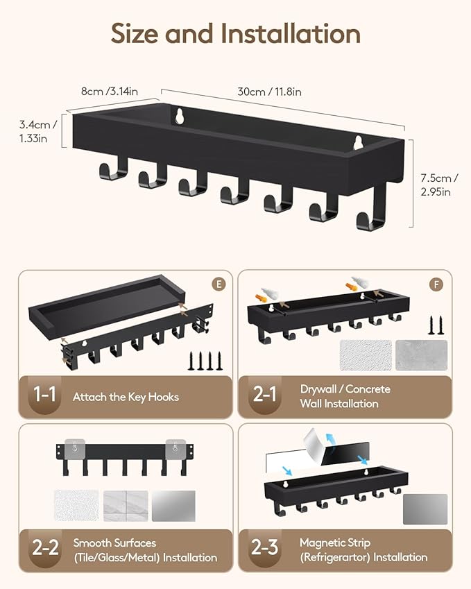Key Holder Wall Mount Adhesive Magnetic - Hanging Key Hooks with Mail Organizer Tray for Wallet House - Keys Hanger Rack with Shelf for Camper Entryway Door Home Living Room Decor Large Black