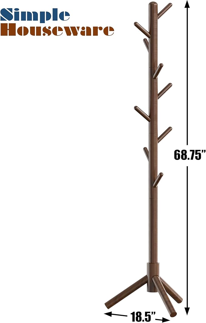 Simple Houseware Wooden Coat Rack Stand Garment Adjustable Tree Rack, 9 Hooks, Walnut