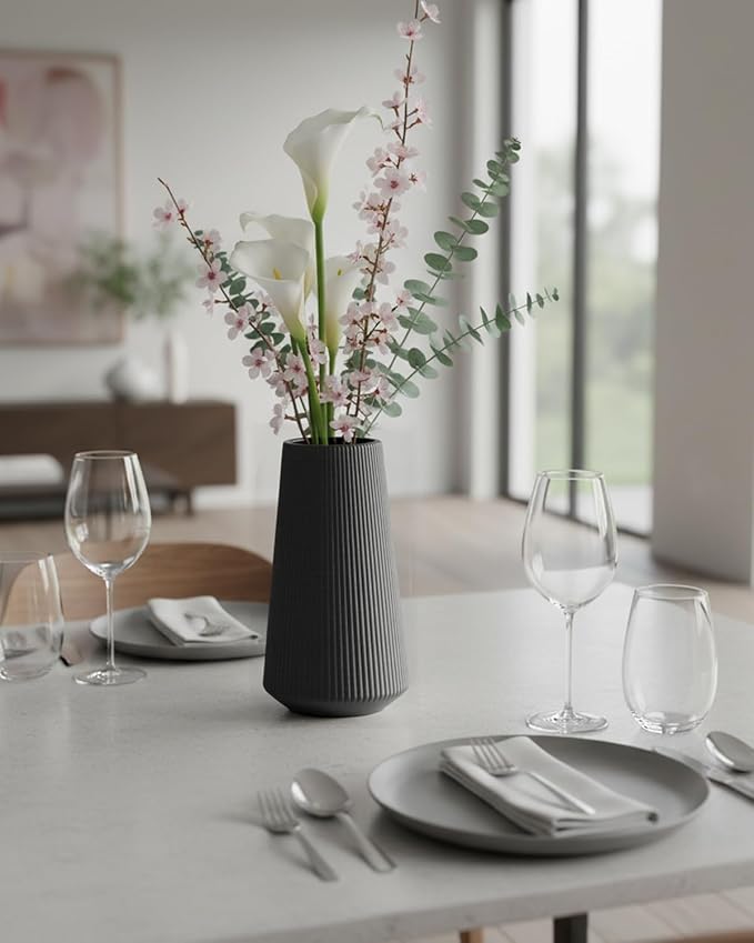 Black Modern Vase, 8 Inch Ceramic Small Ribbed Textured Flower Vase for Pampas Grass & Dried Flowers - Minimalist Home Decor, Watertight, Non-Slip Base