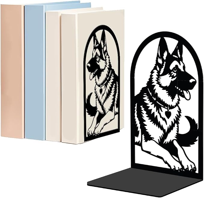 WADORN 1 Pair German Shepherd Metal Decorative Bookend for Shelves, Heavy Duty Book Ends Modern Non-Skid Books Holder Stand Black Book Support Stoppers for Desk Bookshelf Office, 5.3x4.3x7.8 Inch