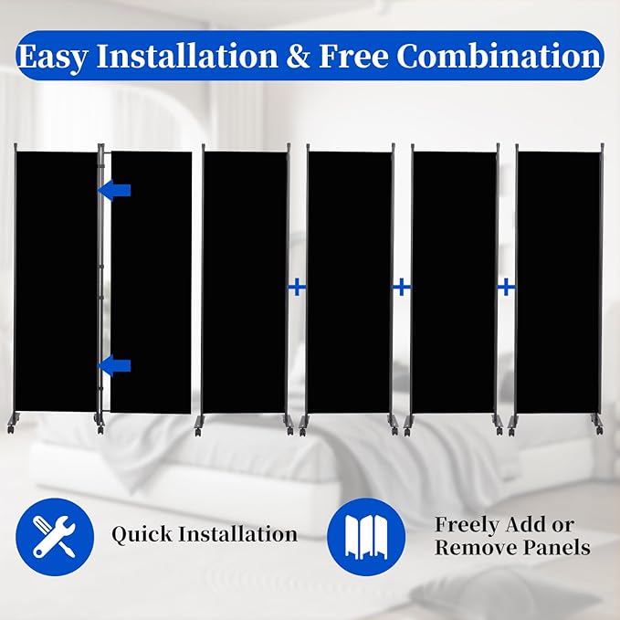 Room Divider 6FT Room Partition with Lockable Wheels Room Dividers, Freestanding Indoor Folding Privacy Screens, Portable Fabric Wall Divider (Deep Black, 132"- 6 Panel)