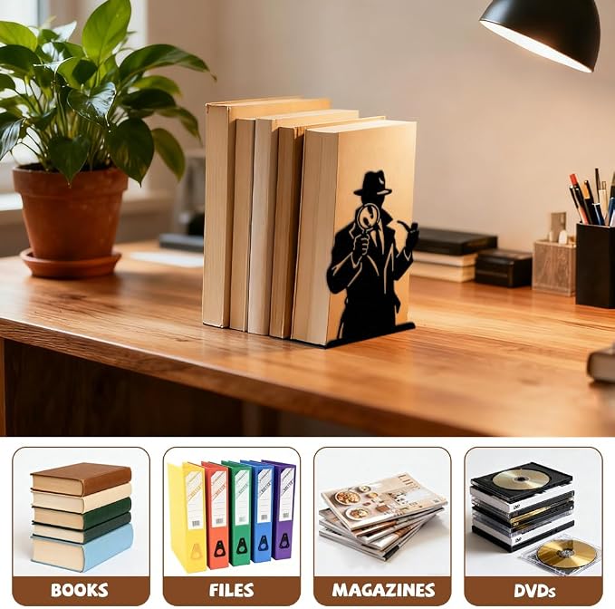 Peacoblue Metal Bookends for Shelves, Modern Decorative Heavy Duty Study Book Ends Stoppers for Office Desk Shelf Room 5.3"x4.3"x7.9" Cast Iron Tall Bookends 1 Pair (Detective with Magnifying Glass)