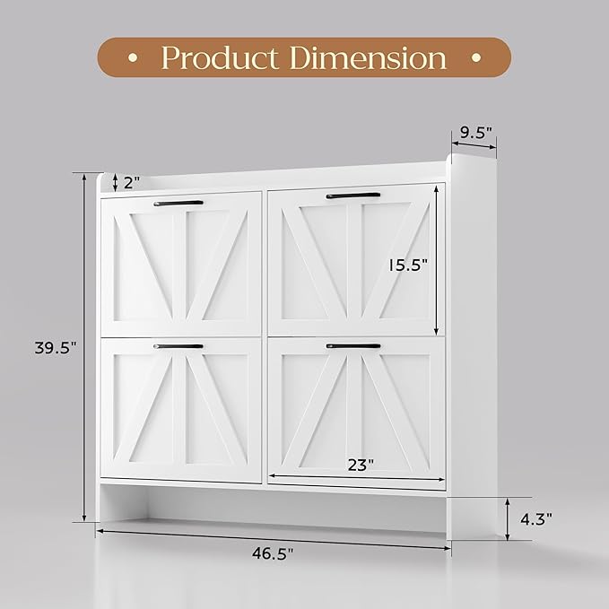 MU Shoe Storage Cabinet with 4 Flip Drawers, Freestanding Shoe Cabinet, Slim Shoe Organizer with Wood Legs for Entryway, White