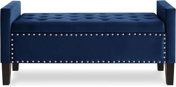 Velvet Modern Upholstered Storage Ottoman Bench with Arms, 48" End of Bed Bench for Entryway, Bedroom, Living Room, Navy