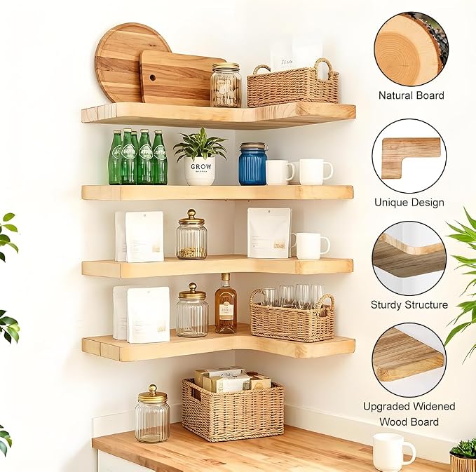 Floating Corner Shelves, Wall Shelf Set of 4, Shelves for Wall Storage, Solid Wood Shelves for Storage, Wall Mount Wooden Display Shelf for Bathroom Bedroom Kitchen Garage (Light 4 Pcs)