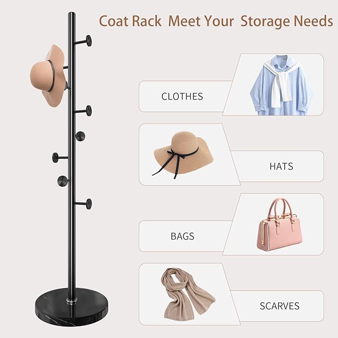 Modern Metal Coat Rack Stand, Coat Rack Freestanding with Natural Marble Base, Sturdy Heavy Duty Coat Racks with 8 Hooks, Black Coat Hall Tree Stand for Entryway, Office