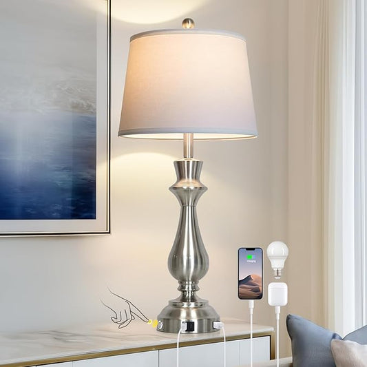 Cinkeda Silver Touch Lamps for Night Stand - 29.5" Tall Bedside Lamp with USB C+A, 3 Way Dimmable Bedroom Lamps, Brushed Nickel Table Lamps for Living Room,Single Silver