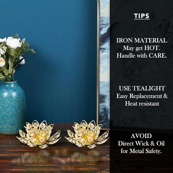 Ekhasa Crystal Tealight Candle Holders for Home Decor | Perfect Candle Stand for Diwali Decoration and Table Decor | Indoor & Outdoor, Festival Decorative Candles Gift Items (Lotus Shape, Set of 2)