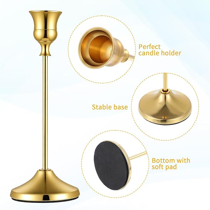 12 PCS Gold Metal Taper Candle Holders Bulk, Candlestick Holders, 7cm Diameter Taper Candle Holder Bulk for Table Centerpieces Candlesticks for Wedding Christmas Home Party Table Decor-23/19/16cm