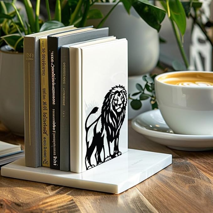 Peacoblue Metal Bookends for Shelves, Modern Decorative Heavy Duty Study Book Support Stoppers for Office, Desk, Shelf, Room 5.3"x4.3"x6.8" Cast Iron Simple Tall Bookends, 1 Pair (Lion)
