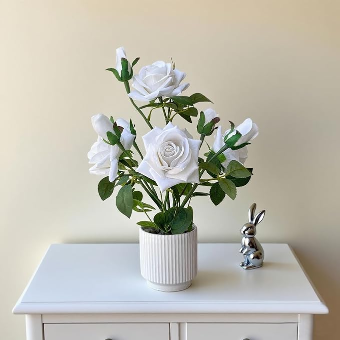 Artificial Rose Plant with Ceramic Vase, White | Silk Roses, Home Decor, Potted Floral Arrangement