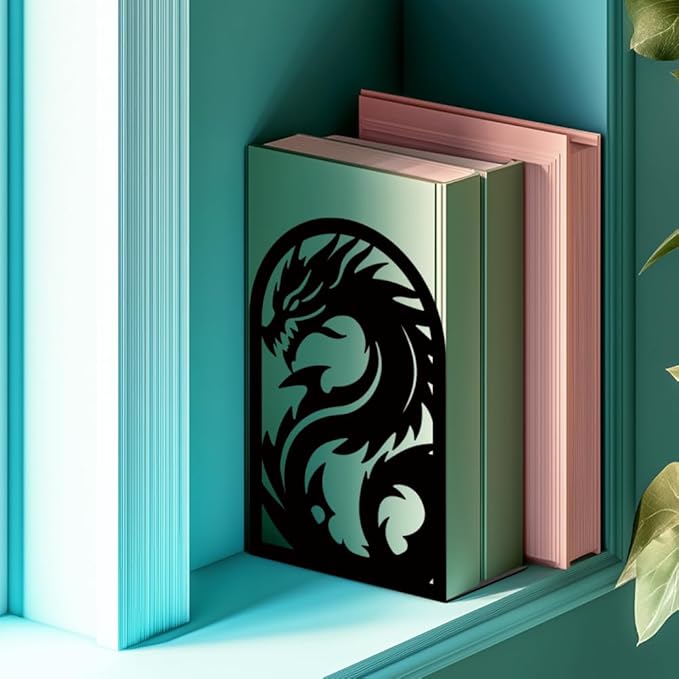INFUNLY 1 Pair Dragon Book Ends for Shelves Loong Non-Skid Metal Bookshelf Holder Stand Black Book Stopper Support for Desktop 7.1x4.7x3.5 for Home Office Library School Kitchen Decor