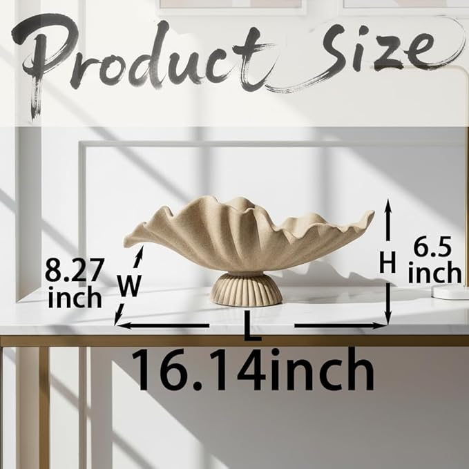 16" Large Decorative Bowl decor , Modern Home Decoration Scallop Bowl,Fashion Key Bowl for Entrance Table, Decorative Fruit Bowl for Kitchen Counter, Ruffle Decor, With Base, Artificial Stone Beige