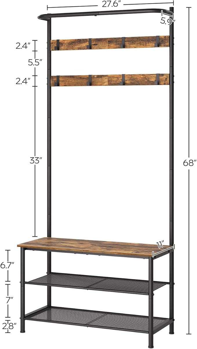 YATINEY Hall Tree, Coat Rack with Shoe Bench, 4-in-1 Entryway Bench with Storage Shelves, Hanging Rod and 8 Movable Hooks, Hall Tree with Storage Bench for Hallway, Rustic Brown and Black MT02BR