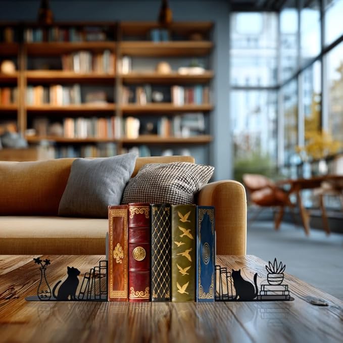 Cat Bookends – Metal Decorative Black Cat Book Ends for Home, Office, Kids, Bookshelf Accessories, Cute Desk Book Stopper