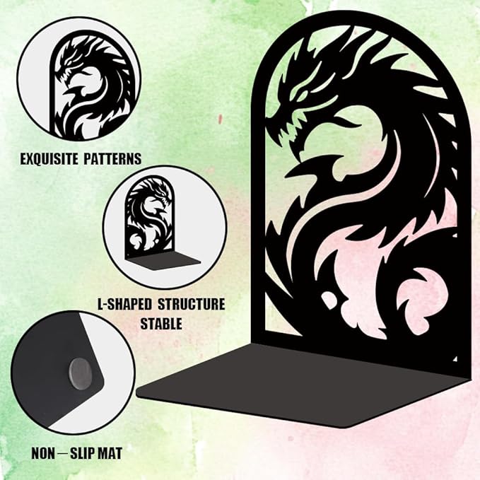 INFUNLY 1 Pair Dragon Book Ends for Shelves Loong Non-Skid Metal Bookshelf Holder Stand Black Book Stopper Support for Desktop 7.1x4.7x3.5 for Home Office Library School Kitchen Decor