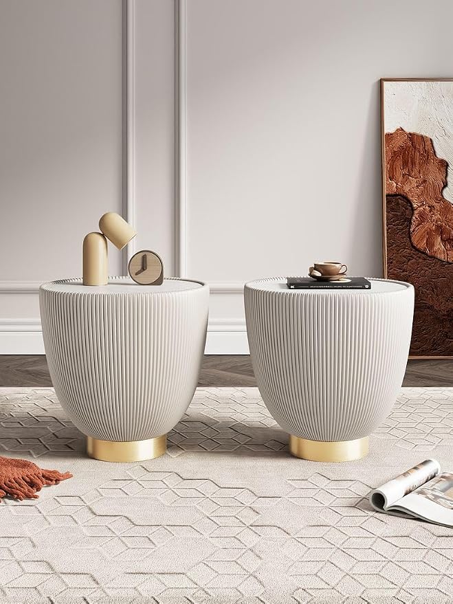 Manhattan Comfort Anderson Modern 18" Round End Table 2.0 | Ceramic Marble Tabletop, Elegant Pleated Leatherette Design & Gold Stainless Steel Base, Fully Assembled Accent Furniture, Set of 2, Cream
