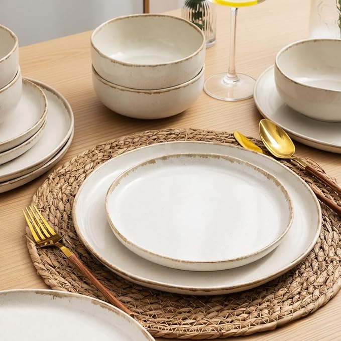 AmorArc Ceramic Dinnerware Sets, Wavy Rim Stoneware Plates and Bowls Sets, Highly Scratch Resistant | Dishwasher & Microwave Dishes set, Service for 6 (18pc)-Speckled Cappuccino