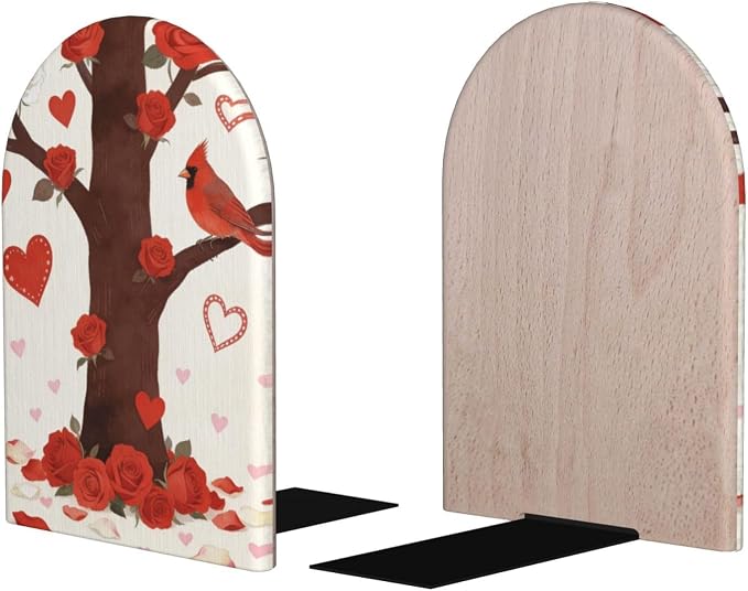 Birds with Red Flowers Trees Hearts 2 Pack Decorative Bookends 6.7x4.2 in, Book Ends for Home Office Library Shelves Decor Room Kitchen Desktop