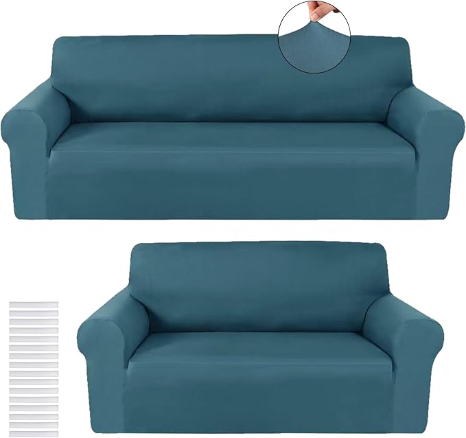 Peryiter 2 Pcs Sofa Covers Couch and Loveseat Covers Set Stretch Sofa Slipcover for Living Room Armchair Furniture Protector, Wrinkle Proof(Peacock Blue,Milk Silk)