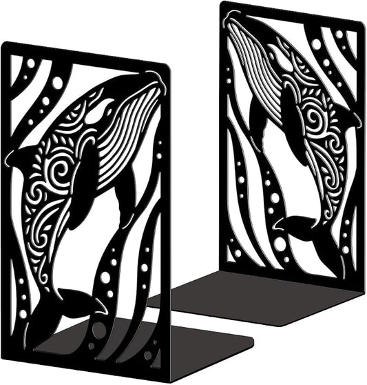 Peacoblue Metal Bookends for Shelves, Modern Decorative Heavy Duty Study Book Ends Stoppers for Office Desk Shelf, Room 5.3"x4.3"x7.9" Cast Iron Tall Bookends 1 Pair (Whales in The Ocean)