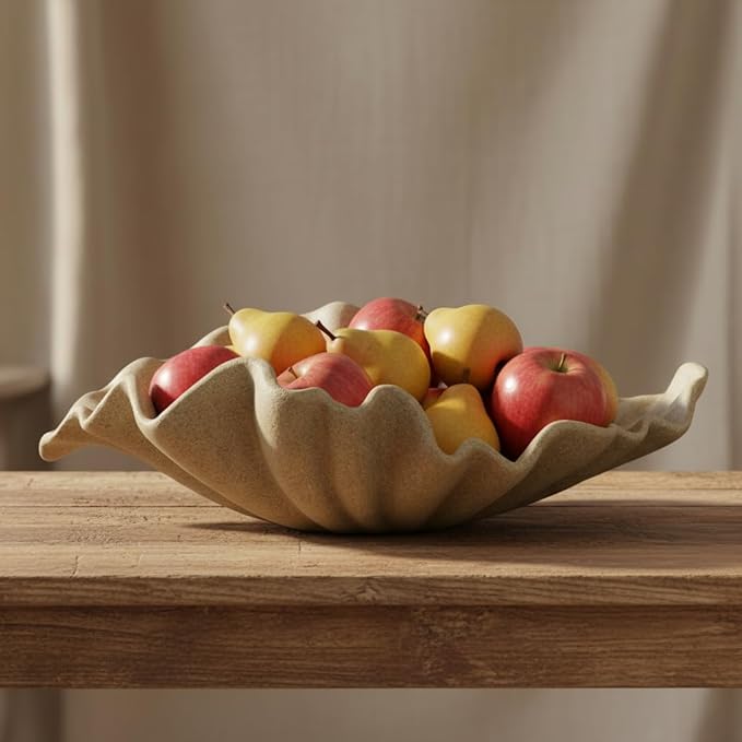 16" Large Decorative Bowl decor, Modern Home Decoration Scallop Bowl,Fashion Key Bowl for Entrance Table, Decorative Fruit Bowl for Kitchen Counter, Ruffle Decor, Artificial Stone Beige