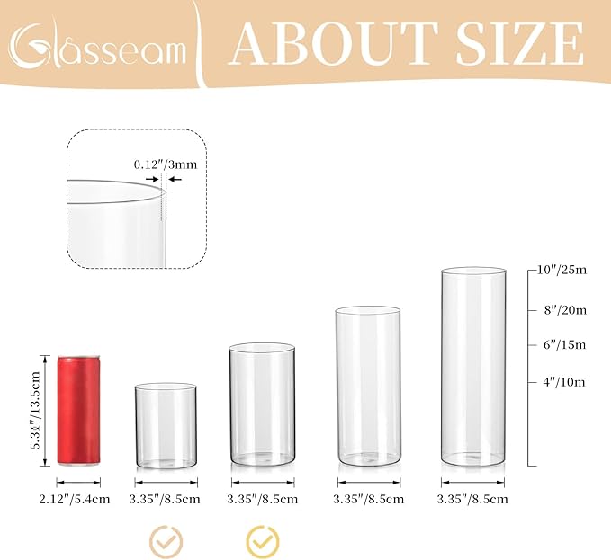 Glasseam Glass Hurricane Candle Holder Set of 12, Cylinder Pillar Candle Holders for Table, Modern Floating Candle Decorations, Clear Glass Cylinder Vase for Centerpieces Wedding Dining Table, 6inch