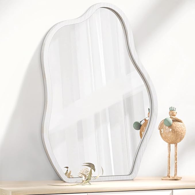 Irregular Cloud Mirror Modern Wood Frame Wall Mirrors Unique Shape Asymmetrical Wall Vanity Artistic Decor for Bedroom Bathroom Entryway Hallway Living Room Small White