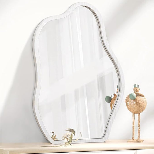 Irregular Cloud Mirror Modern Wood Frame Wall Mirrors Unique Shape Asymmetrical Wall Vanity Artistic Decor for Bedroom Bathroom Entryway Hallway Living Room Small White