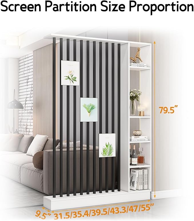 Wall Room Divider, Storage Cabinet Storage Display with Shelves, Modern Freestanding Wood Room Divider Screen, Wall Privacy Screens for Home Decorative (White+Black,55" L x 9.5" W x 79.5" H)