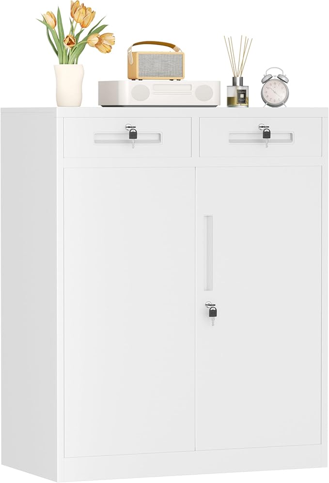 INTERGREAT Metal Garage Storage Cabinet, 36" Locking Counter Cabinet with 2 Locking Doors and 2 Adjustable Shelves, Small Steel Cabinet for for Home Office, Gym, School(White)