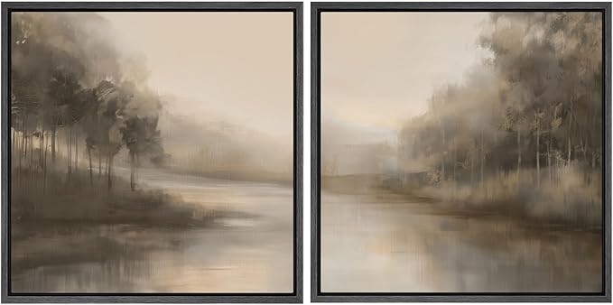 SIGNFORD Framed Canvas Print Wall Art Set Muted Beige Landscape Artwork, Soft Forest Lake Illustrations Modern Art Minimal Relax/Calm for Living Room, Bedroom, Office - 16"x16"x2 BLACK