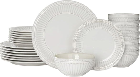 Famiware Garden 24-Piece Embossed Plates and Bowls Sets, Stoneware Reactive Glaze Dishes Dinnerware Set, Modern Rustic, Chip & Scratch Resistant, Microwave & Dishwasher Safe, Service for 8, White