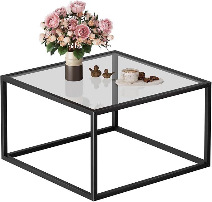 SAYGOER Glass Coffee Table Small Square Coffee Tables for Living Room, 26.7 inch Modern Center Table for Office Apartment, 5 MM Tempered Clear Glass Top, Black Metal Frame