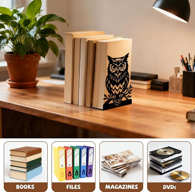 Peacoblue Metal Bookends for Shelves, Modern Decorative Heavy Duty Study Book Ends Stoppers for Office, Desk, Shelf, Room 5.3"x4.3"x7.9" Cast Iron Simple Tall Bookends 1 Pair (Owl on Tree Branch)