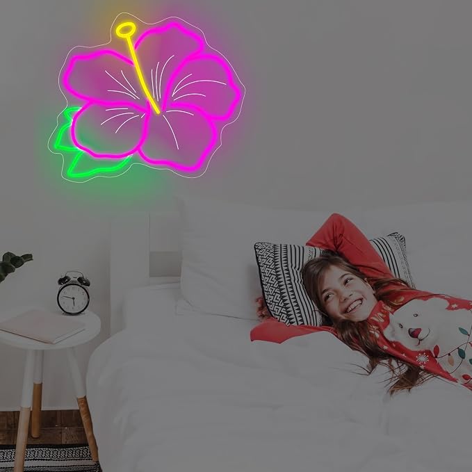 Hibiscus Neon Sign Hibiscus Flower Neon Light Hawaii Floral Neon Light Tropical Flower Sign Home Wall Art Decoration, 15"x12", Pink