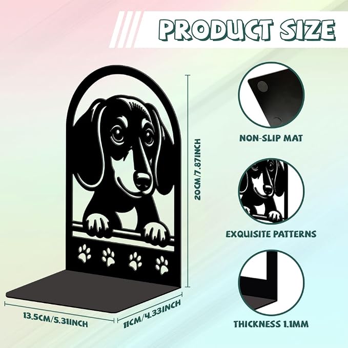 Peacoblue Metal Bookends for Shelves, Modern Decorative Heavy Duty Study Book Ends Stoppers for Office Desk Shelf, Room 5.3"x4.3"x7.9" Cast Iron Tall Bookends 1 Pair (Sausage Dog with Paw Prints)