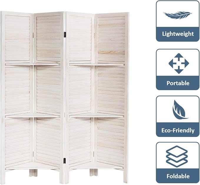 Giantex 4 Panel Room Divider with Shelve, Folding Privacy Screens, Wood Divider for Room Separation, 5.6 FT Foldable Wall Partition for Home Office Bedroom, White