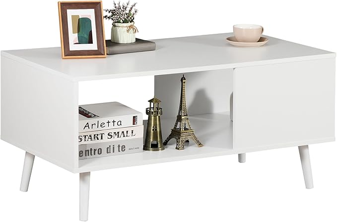 ZenStyle Mid Century Modern Coffee Table, Wooden Retro Coffee Table with Open Storage Shelf for Living Room, Reception, Easy Assembly (White)