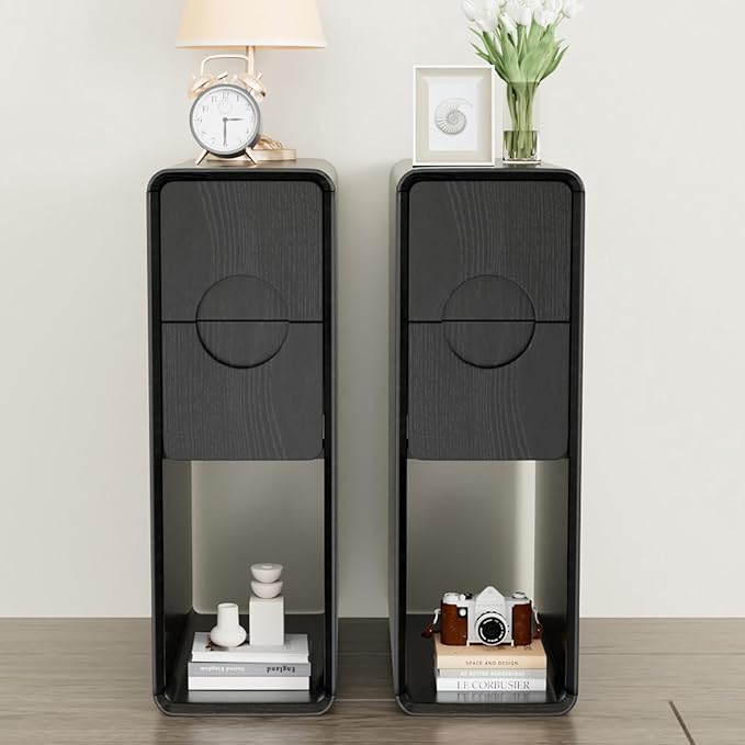 Black Small Nightstand Set of 2, Narrow Bedside Table with Circular Drawer, Skinny Side End Table, Wood Nightstand, Mid Century Modern Night Stand for Bedroom, Small Spaces, Slim, Wooden