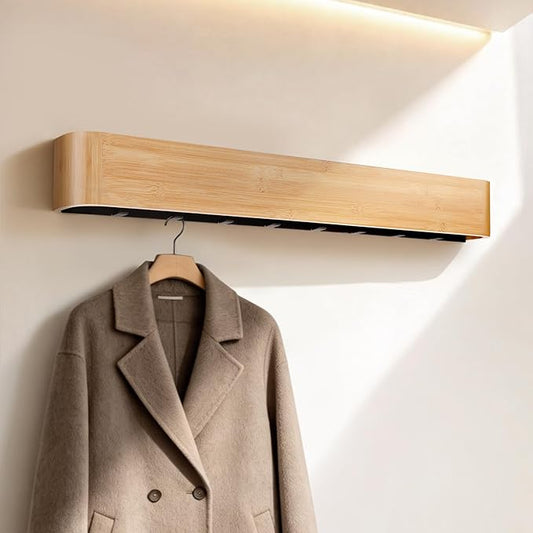 33" Bamboo Coat Rack Wall Mount with Shelf, Heavy Duty Wall Hanger with 8 Hidden Hooks & Soft Curved Edges, Sleek Floating Design for Entryway & Office, Natural
