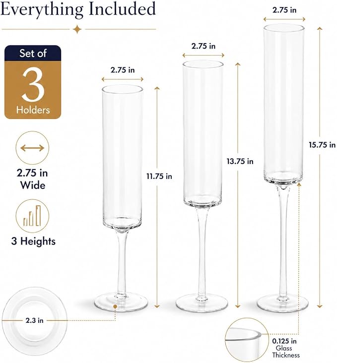 Koyal Wholesale Tall Skinny Floating Candle Holders, Modern Raised Slim Glass Hurricane Pedestal Candles Holder for Weddings, Centerpieces, Home Decor, Parties (Set of 3)