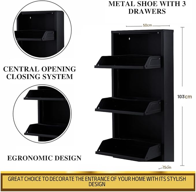 Flip Drawer Shoe Cabinet, Storage Organizer, Freestanding Shoe Rack, Wall Mounted No-Assembly (Black, 3 Drawer)