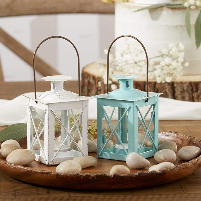 Kate Aspen Decorative Lanterns - Set of 2 - Luminous Metal Lantern Tealight Candle Holders for Wedding, Home Decor and Party - 4.5" H (6.5" H with Handle) – Blue