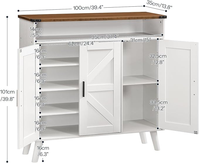 HOOBRO Shoe Cabinet Storage for Entryway, Wooden Shoe Organizer Cabinet With 3 Doors, 39.4" Freestanding Shoe Cabinet Storage for Closet, Entryway, Large Capacity, Farmhouse, White and Walnut WH20SC01