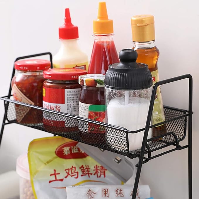Spice Rack Organizer, 2-Tier Bathroom Shelf Organizer countertop, Kitchen Rack Organizer for Spice Can Sauce Jars Bottle (Black)